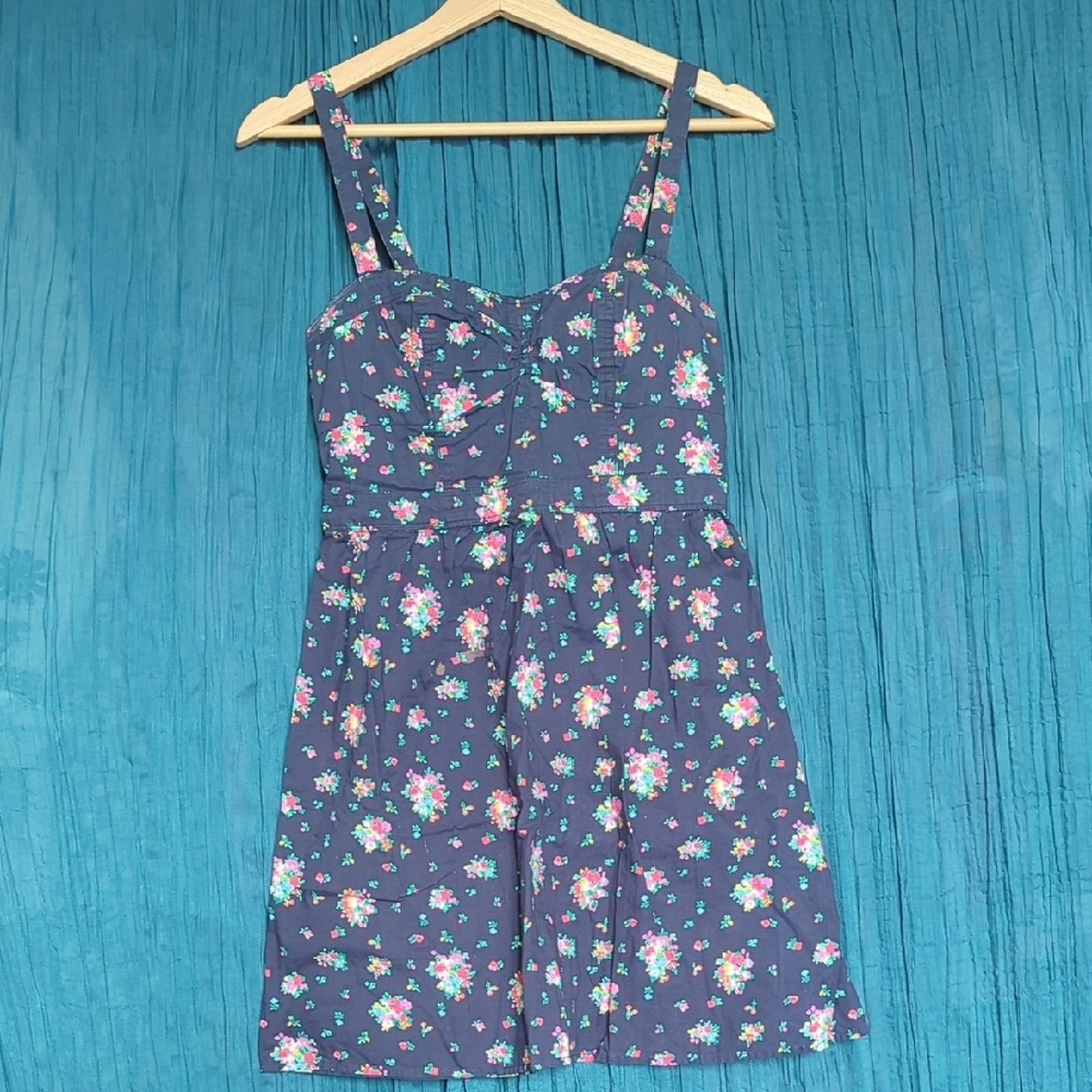 American Eagle Outfitters Blue Floral Sleeveless Dress with Shirred Back, Size S